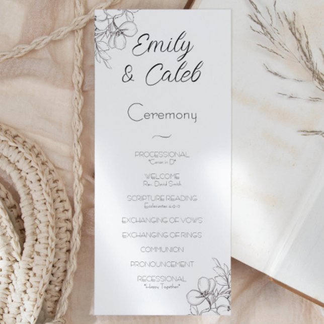 Programa Casamento de Arte de Linha Floral Preta e Branca (black and white flowers drawn script writing wedding ceremony program)