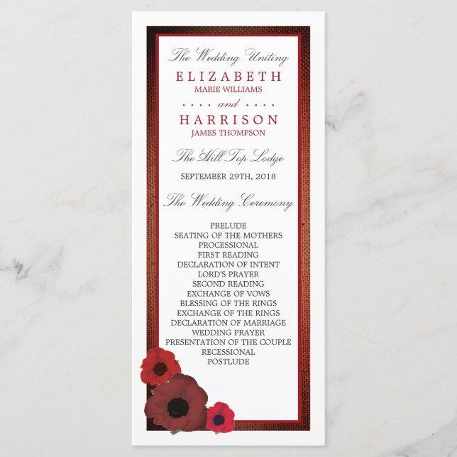 Programa Casamento de Burlap Poppies Vermelhos (Frente)