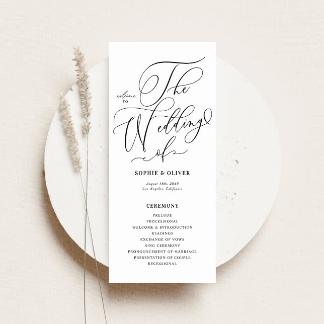 Programa Casamento de Caligrafia Branca e Negra (Featuring the beautiful Whimsical Calligraphy Wedding Programs Card.)
