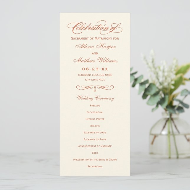 Programa Casamento de Caligrafia de Terracota Ivory Elegant (Em pé/Frente)