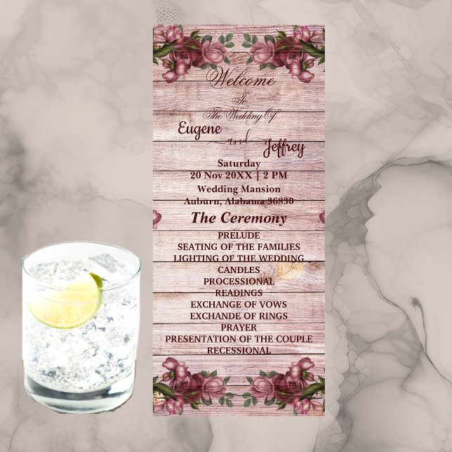 Programa Casamento de Campo Floral de Rosas Rustic Woodland (Rustic Woodland Roses Floral Country Wedding Program)
