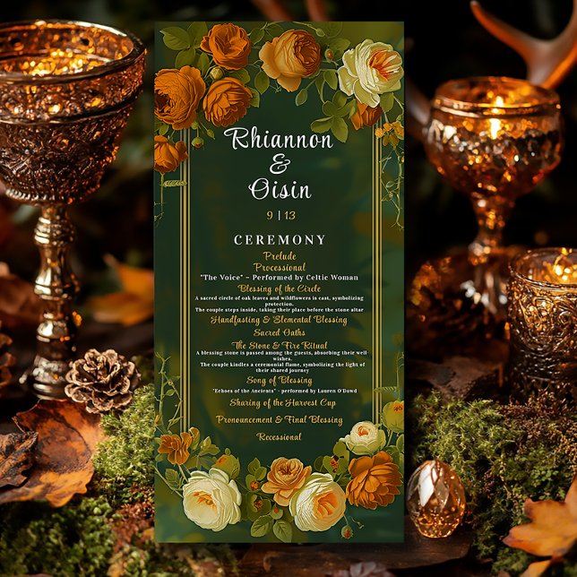 Programa Casamento de Colinas de Druidas de Floresta Verde  (Elegant Autumn Druid Hill Floral Wedding Program )
