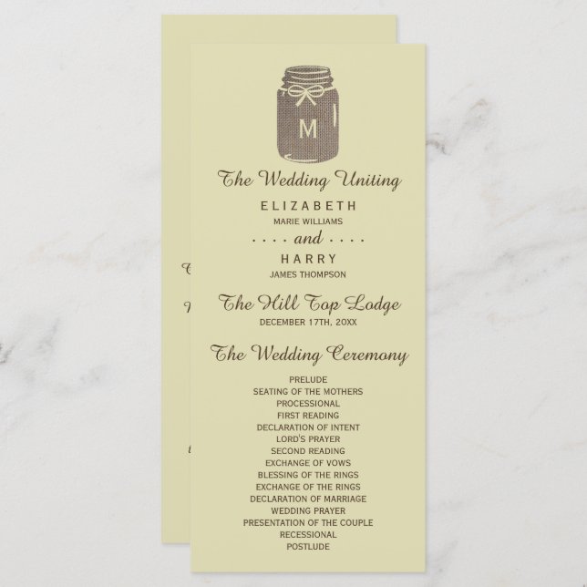 Programa Casamento de Country Burlap Mason Jar (Frente/Verso)