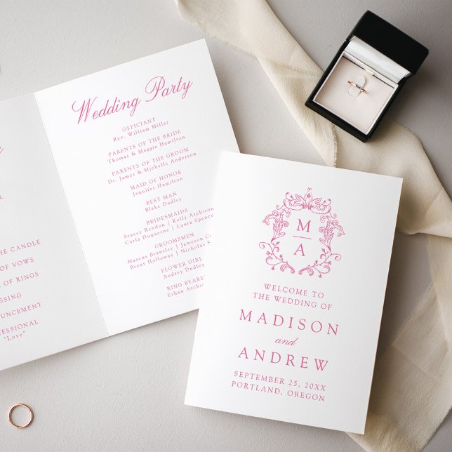 Programa Casamento de Crest de Monogramas Rosa Elegante (Criador carregado)