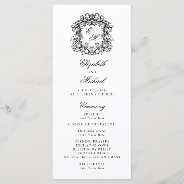 Programa Casamento de Crest Monograma Elegante (Frente)