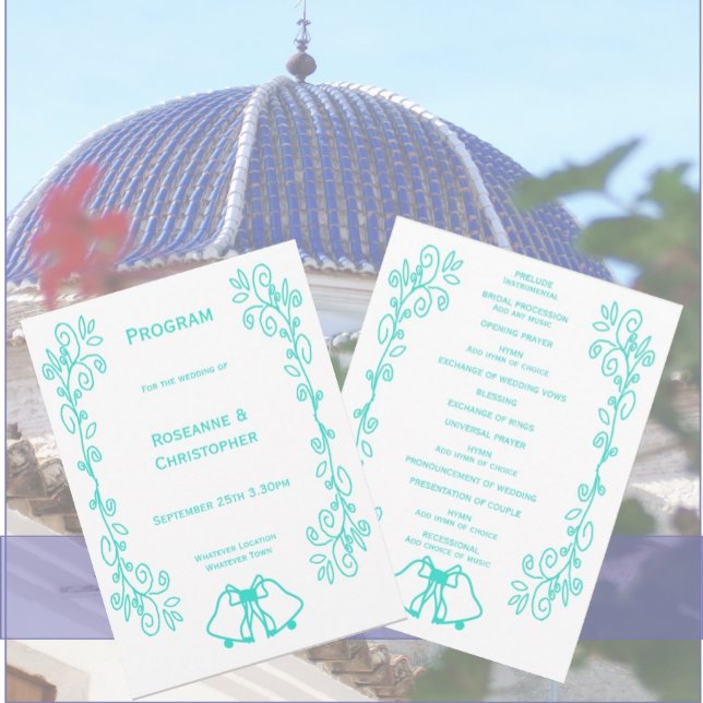 Programa Casamento de Design de Carris de Peruca (Turquoise wedding church program bells scrollwork design)