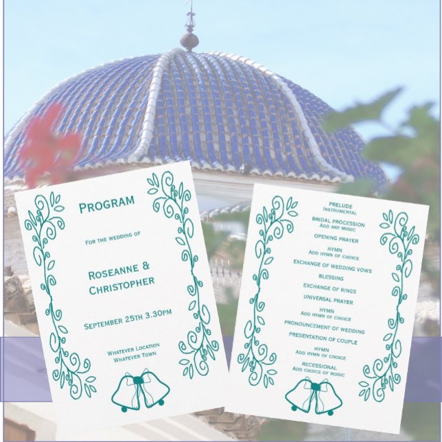 Programa Casamento de Design de Corda de Telas de Telas (Teal bells scrollwork wedding church program)