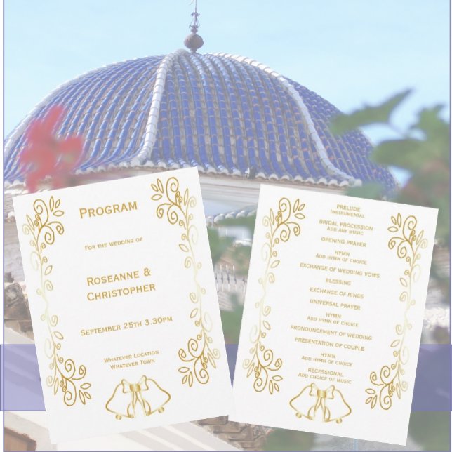 Programa Casamento de Design de Corda Dourada com Bells (Gold bells scrollwork wedding church program)