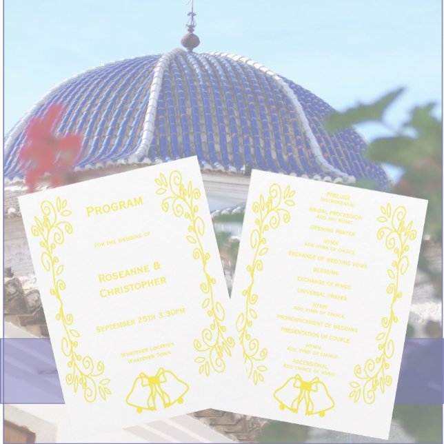 Programa Casamento de Design de Limon Bells (Yellow wedding church program bells and scrollwork design)