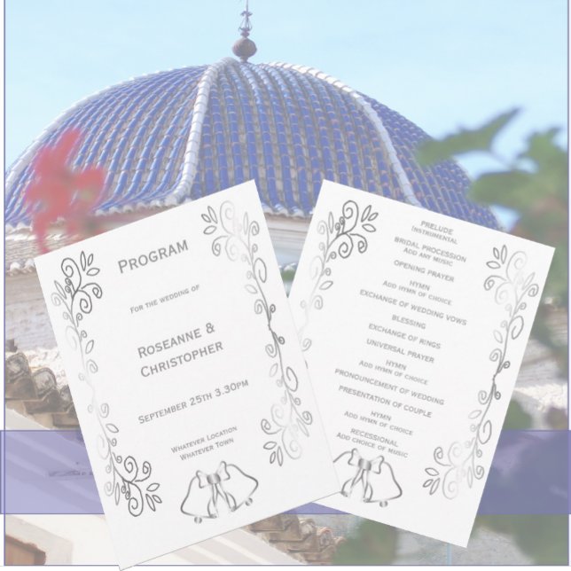 Programa Casamento de Design de Rolagem de Silver Bells (Silver wedding church program bells and scrollwork design)