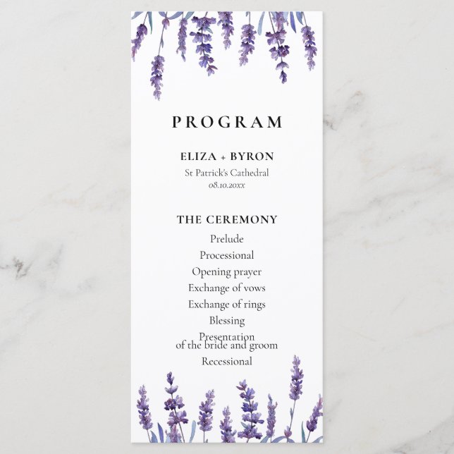 Programa Casamento de dois lados da lavanda floral elegante (Frente)