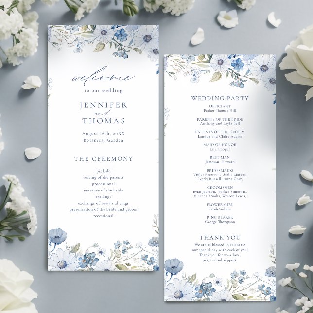 Programa Casamento de Flor Silvestre Azul Elegante e Empoei (Dusty Blue Elegant Wildflower Wedding Program)
