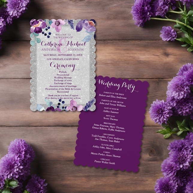 Programa Casamento de Floral e Silver de Aquarela Roxo (Criador carregado)