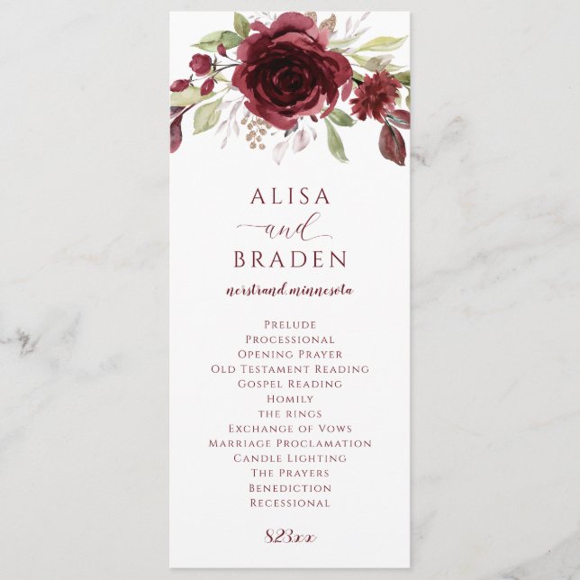Programa Casamento de Floral em Aquarela Vermelho Vinho Bor (Frente)