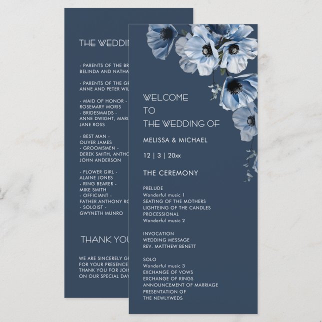 Programa Casamento de Flores Azuis Artísticas (Frente/Verso)