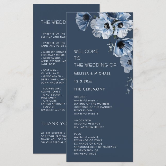 Programa Casamento de Flores Azuis Artísticas (Frente/Verso)