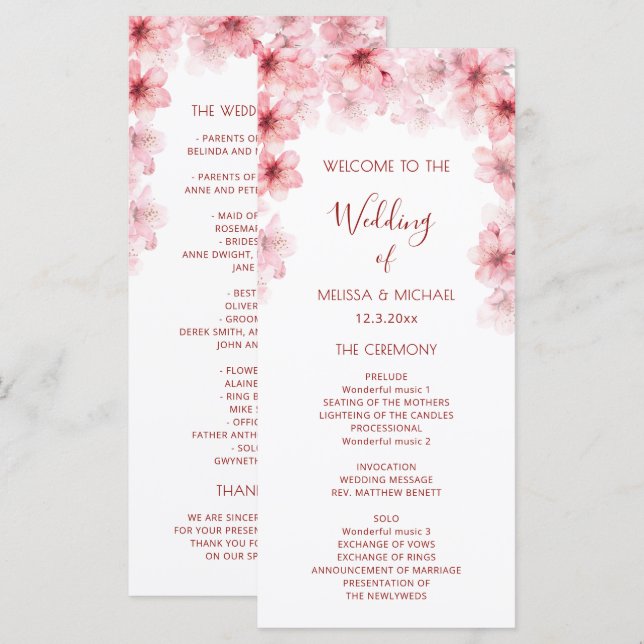 Programa Casamento de Flores de Cerejeira em Aquarela (Frente/Verso)