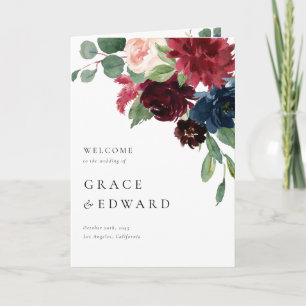 Programa Casamento de Flores em Aquarela Burgundy e Azul Na