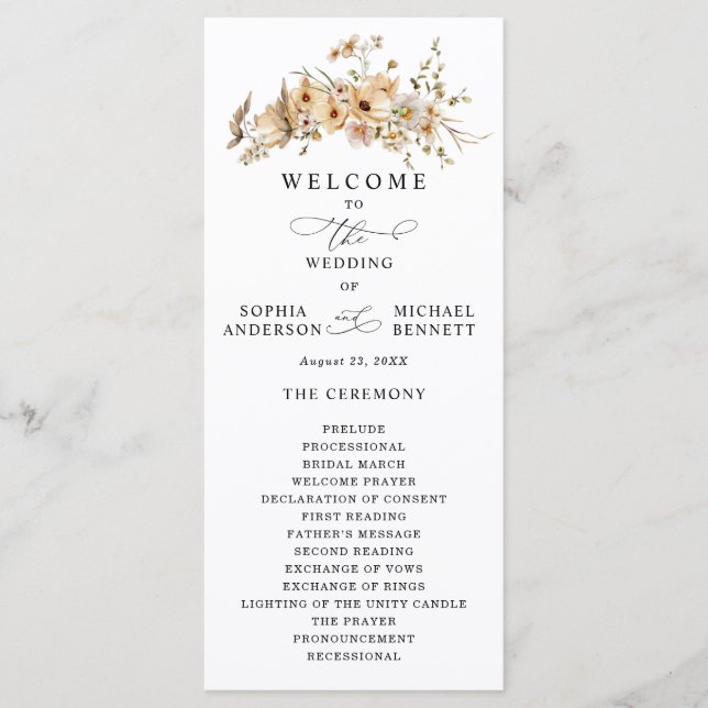 Programa Casamento de Flores Silvestres Bege (Frente)