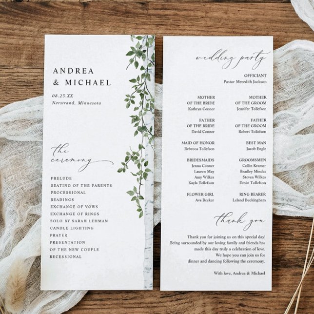 Programa Casamento de Folhagem Verde Simples de Bétula (Birch or aspen tree wedding programs - outdoor greenery wedding.)