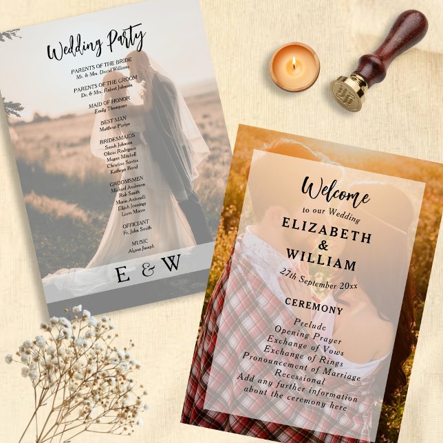 Programa Casamento de Fotografias do Casal de Sobreposição  (Simple Elegant White overlay Couple Photo Wedding Program)