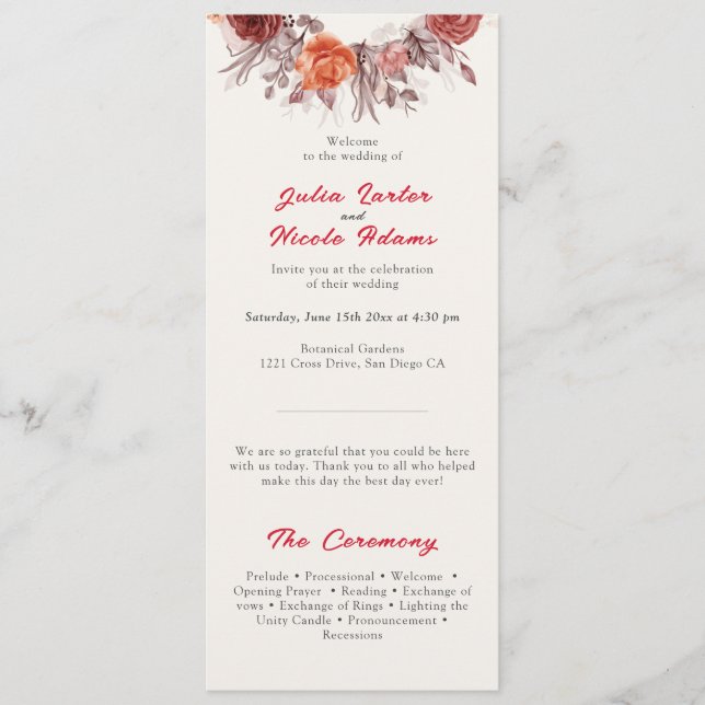 Programa Casamento de Grass de Pampas Florais Boho Rosa (Frente)