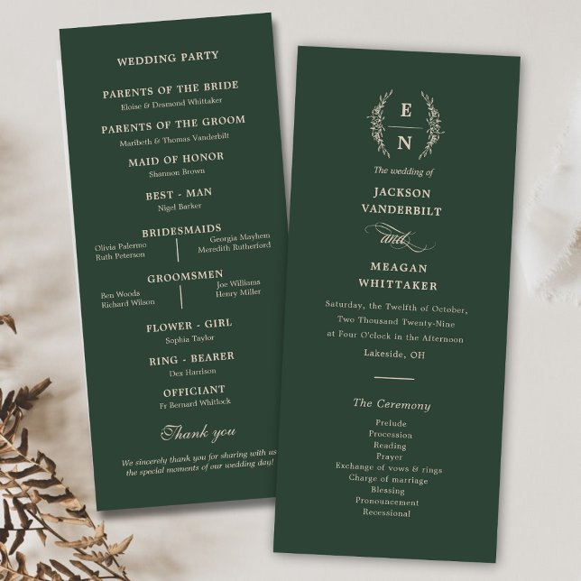 Programa Casamento de Iniciais de Monograma Empilhado Flora (Floral Stacked Monogram Initials Wedding Program)