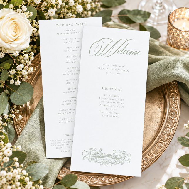 Programa Casamento de Jardim com Brasão Verde Elegante Vint (Criador carregado)