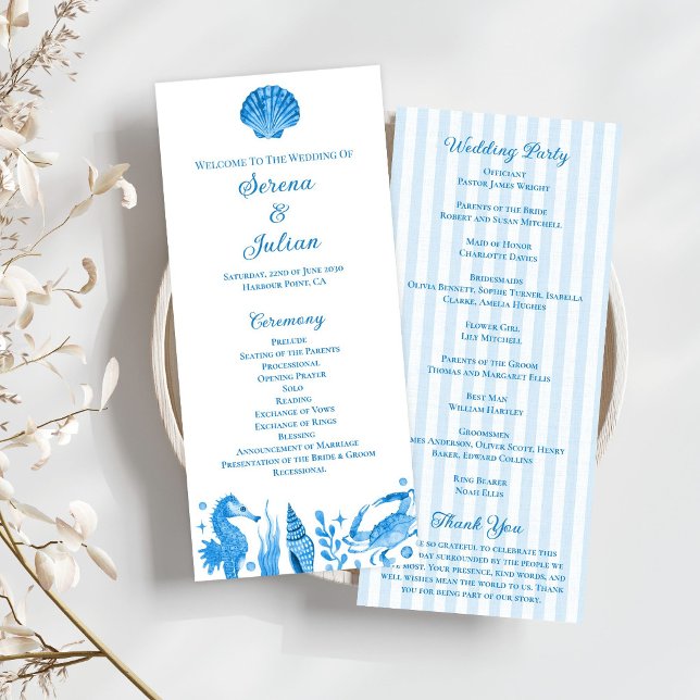 Programa Casamento de Listra Náutica de Aquarela Azul Coste (Blue Watercolor Nautical Coastal Stripe Wedding Program)