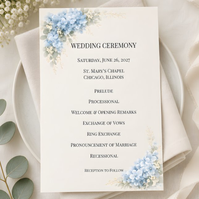 Programa Casamento de Luxo com Hortênsias Azuis Empoeiradas (Part of the luxury dusty blue hydrangea wedding collection, program)