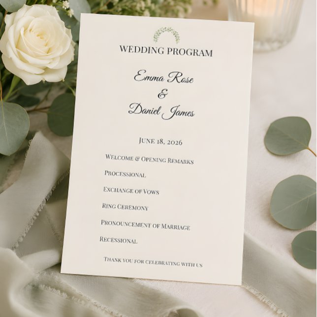 Programa Casamento de Luxo com Verduras de Eucalipto (Eucalyptus themed wedding program card)