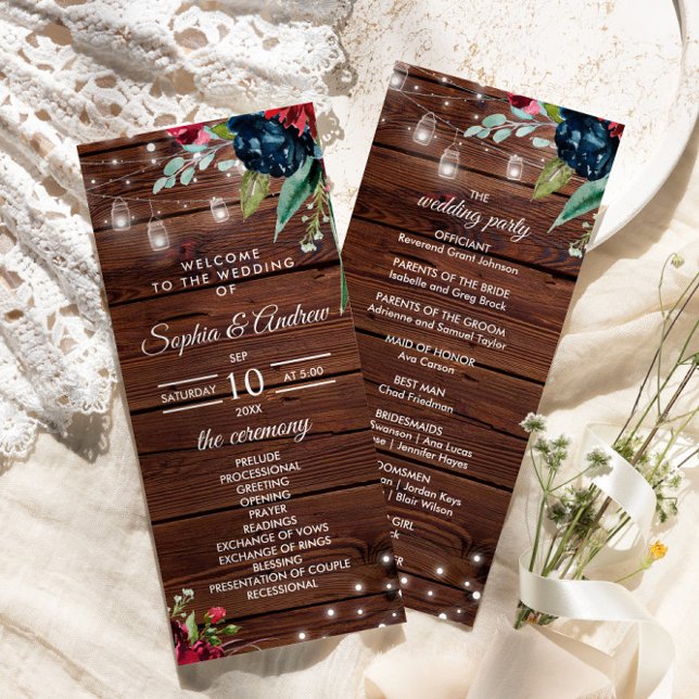 Programa Casamento de Luzes Florais Rustic Wood Burgundy (Criador carregado)