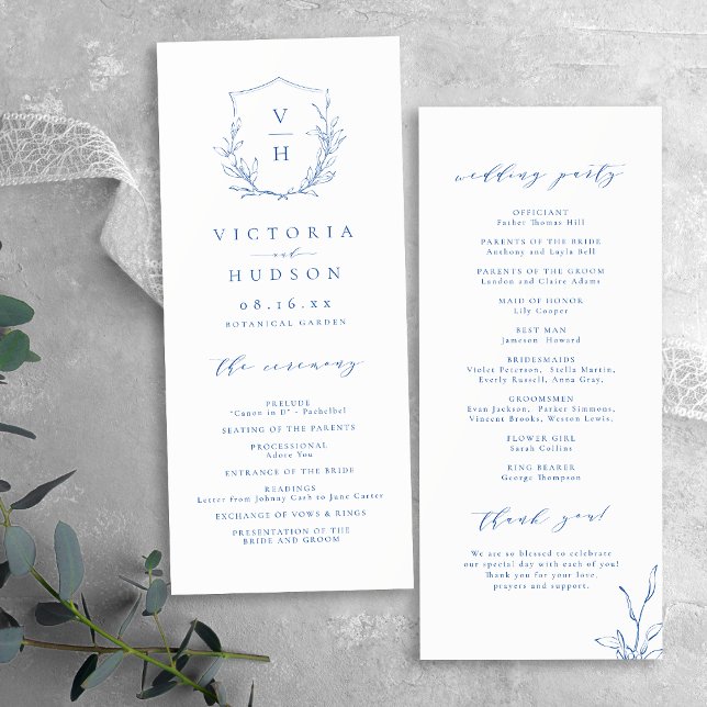 Programa Casamento de monograma de crista botânica simples  (Blue simple botanical crest monogram wedding Program)