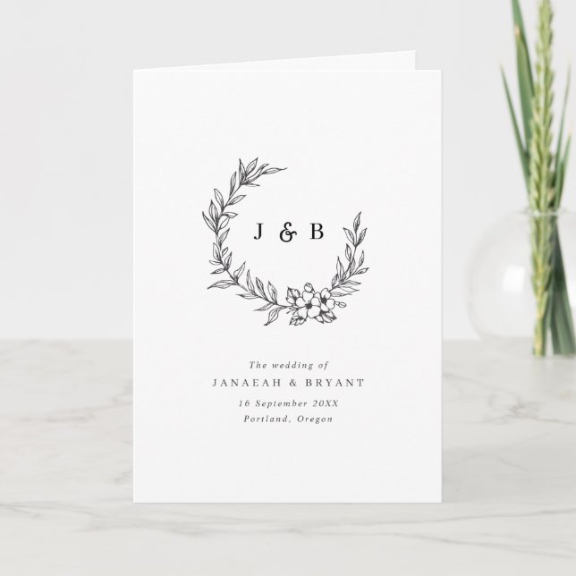 Programa Casamento de Monograma Floral Branco e Preto (Frente)