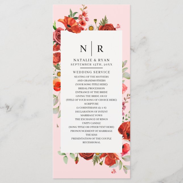 Programa Casamento de Monograma Rosa Pópias de Flores Selva (Frente)