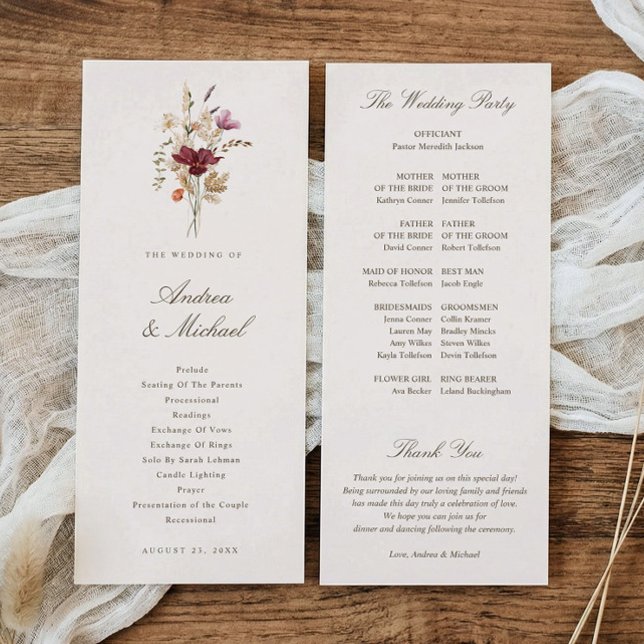 Programa Casamento de Outono com Aquarela de Flores Silvest (Elegant fall wedding program with burgundy watercolor wildflowers and botanical florals)