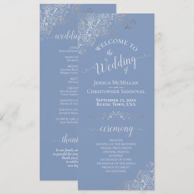 Programa Casamento de Perucas Azuis Dusty Silver Curls (Frente/Verso)