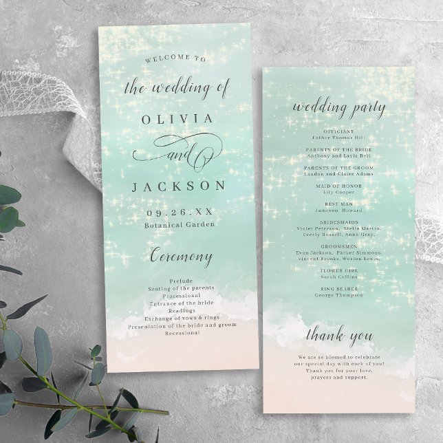 Programa Casamento de praia Elegante abstrato (Elegant abstract sparkling ocean beach wedding program)