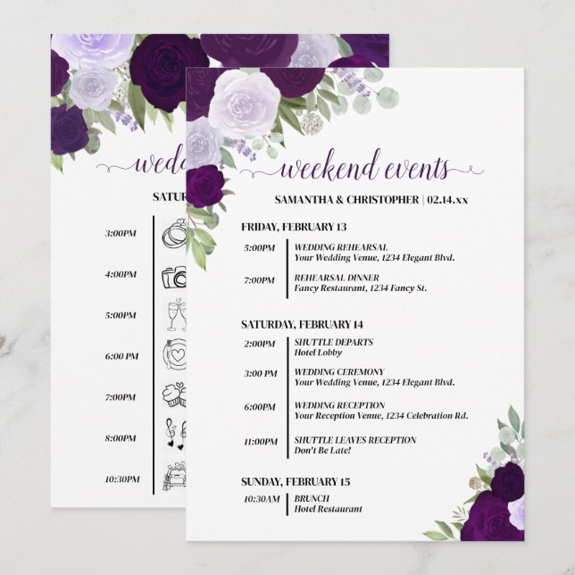 Programa Casamento de Rosas Boho Roxas Eventos e Cronograma (Frente/Verso)
