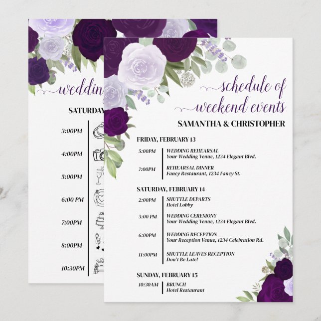 Programa Casamento de Rosas Boho Roxas Eventos e Cronograma (Frente/Verso)