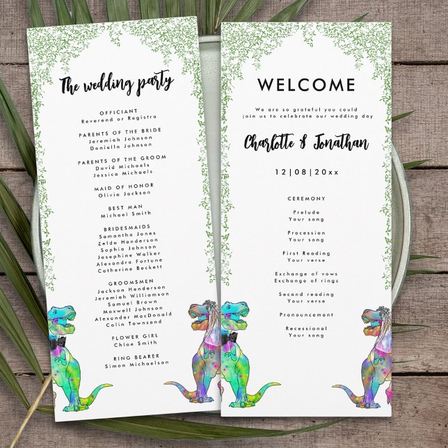 Programa Casamento de Tema do Dinossauro Colorido (Colorful T-Rex bride and groom dinosaur wedding day program)