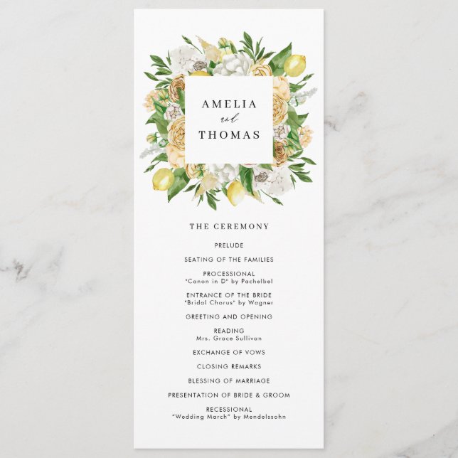 Programa Casamento de Verão com Limões e Flores em Aquarela (Frente)