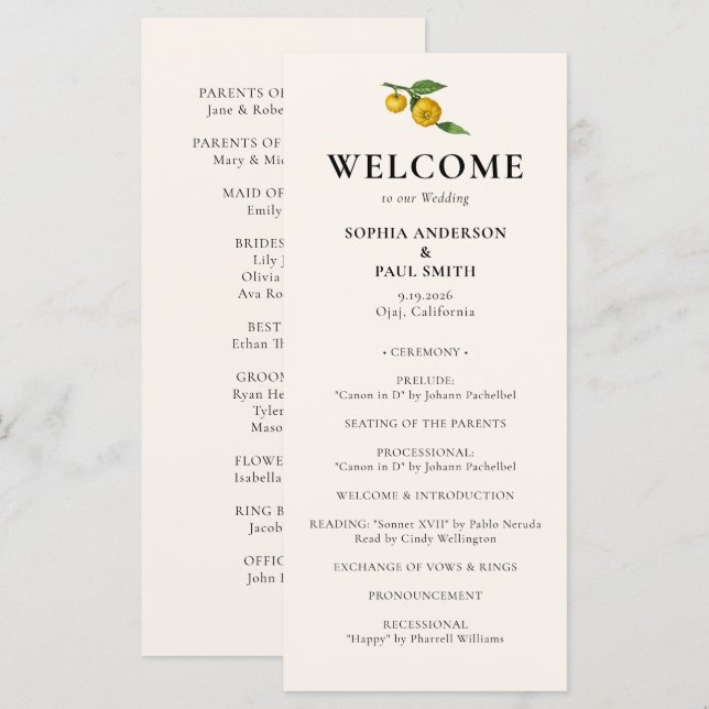 Programa Casamento de Verão de Elegante Vintage Citrus Lemo (Frente/Verso)