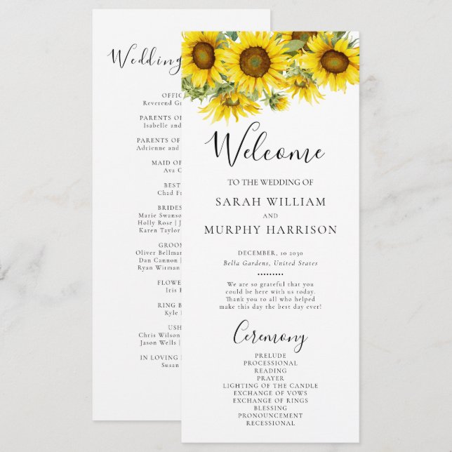 Programa Casamento de Verão Elegante com Girassóis (Frente/Verso)