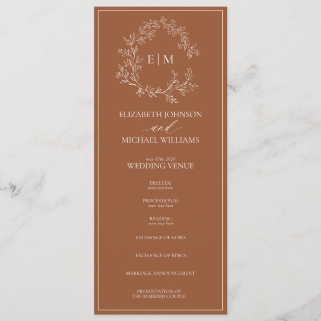 Programa Casamento do Modern Terracotta Leafy Crest Monogra (Frente)
