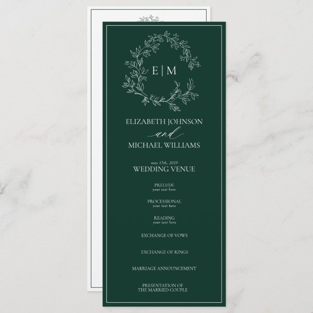 Programa Casamento do Moderno Emerald Green Leafy Crest Mon (Frente/Verso)
