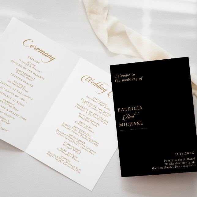 Programa Casamento Dobrado Caligrafia Preta e Dourada Cláss (Criador carregado)