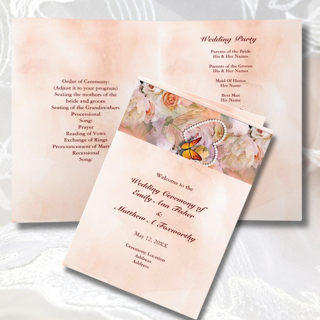 Programa Casamento Dobrado da Borboleta Rosa Floral Cardíac (Pearl Heart Floral Rose Butterfly Folded Wedding Program)