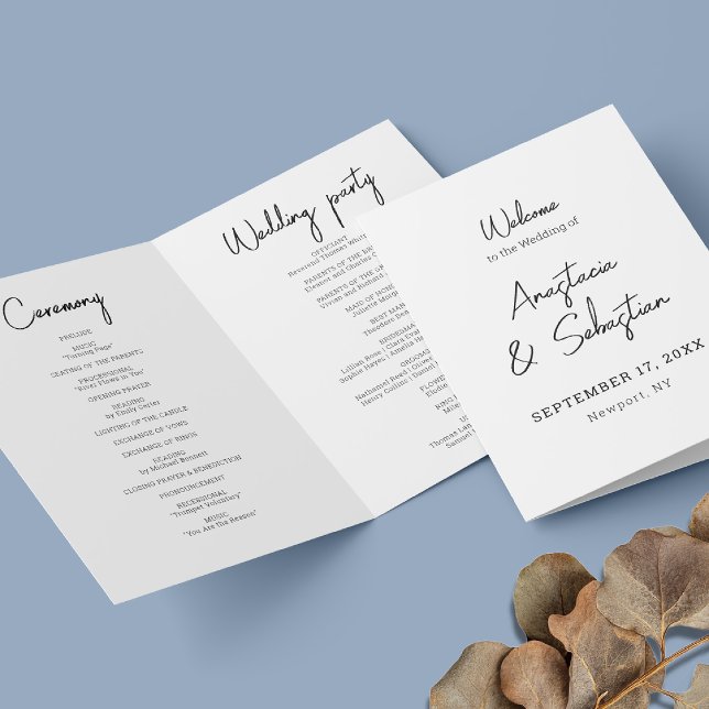 Programa Casamento Dobrado Do Bi Preto E Branco Da Caligraf (Calligraphy Script Black & White Bi Folded Wedding Program)