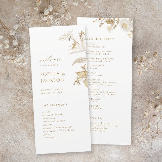 Programa Casamento Dourado Botânico Elegante (Elegant Modern Gold Botanical Floral Wedding Program)